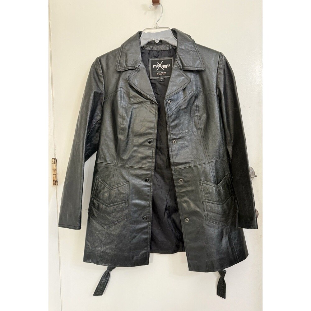 Vintage 90s Wilson’s Maxima women's leather belted long jacket LARGE Trench Coat